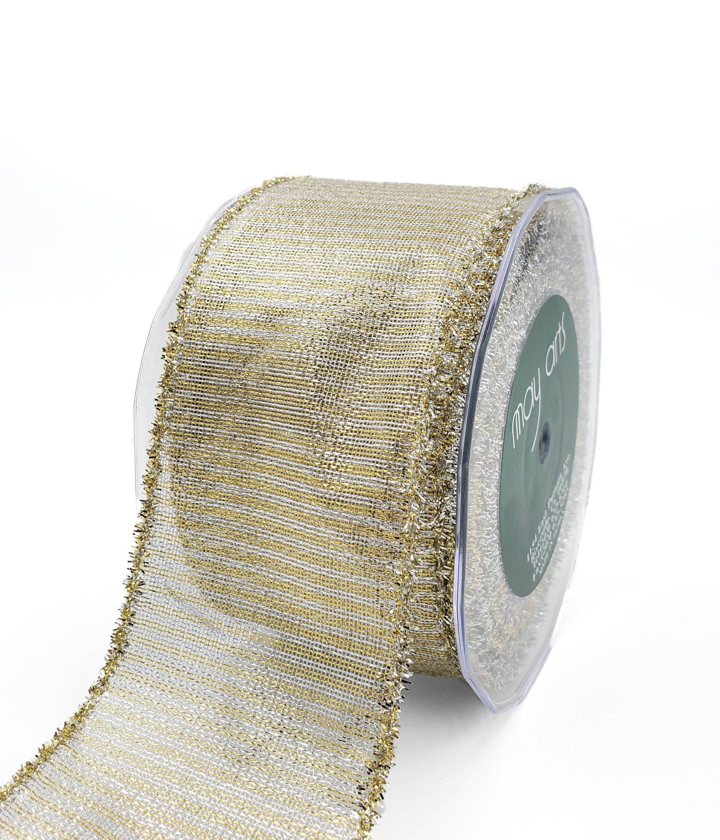 Silver & Gold Wired Metallic Striped Ribbon with Tinsel Edge: 2.5"