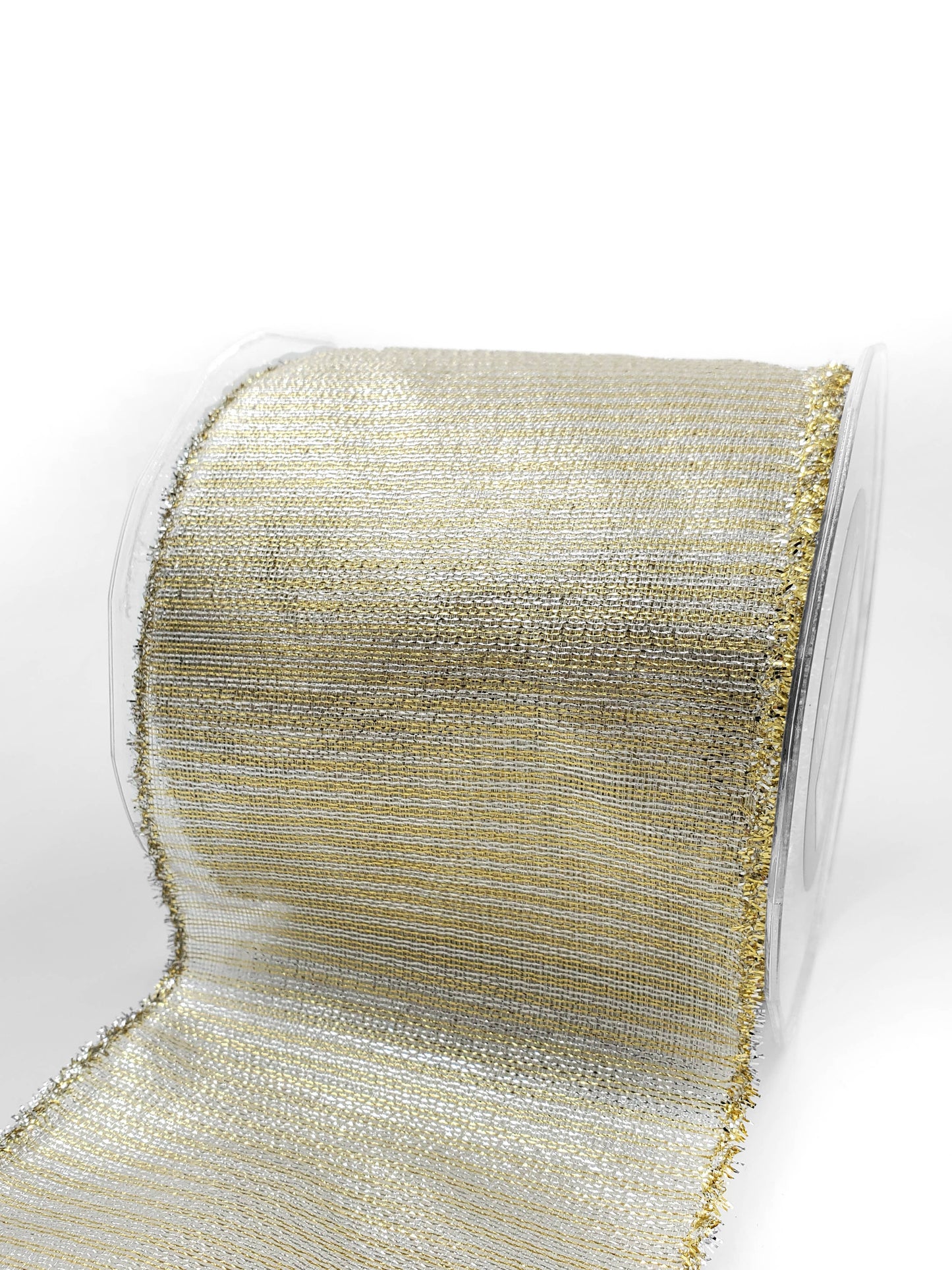 Silver & Gold Wired Metallic Striped Ribbon with Tinsel Edge: 2.5"