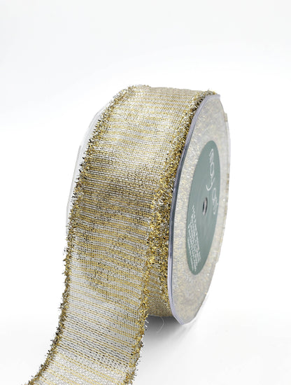 Silver & Gold Wired Metallic Striped Ribbon with Tinsel Edge: 2.5"