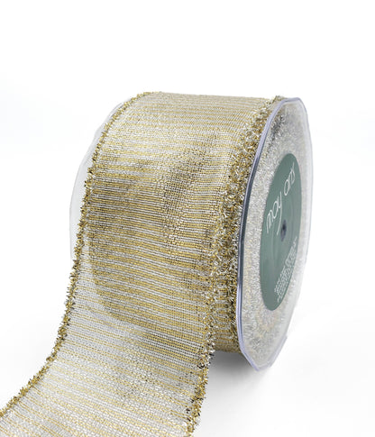 Silver & Gold Wired Metallic Striped Ribbon with Tinsel Edge: 2.5"
