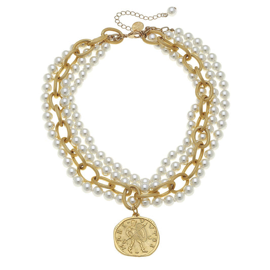 Multi Strand Gold Coin and Pearl Necklace