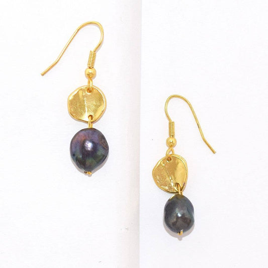 Textured coin and peacock black pearl dangle earring